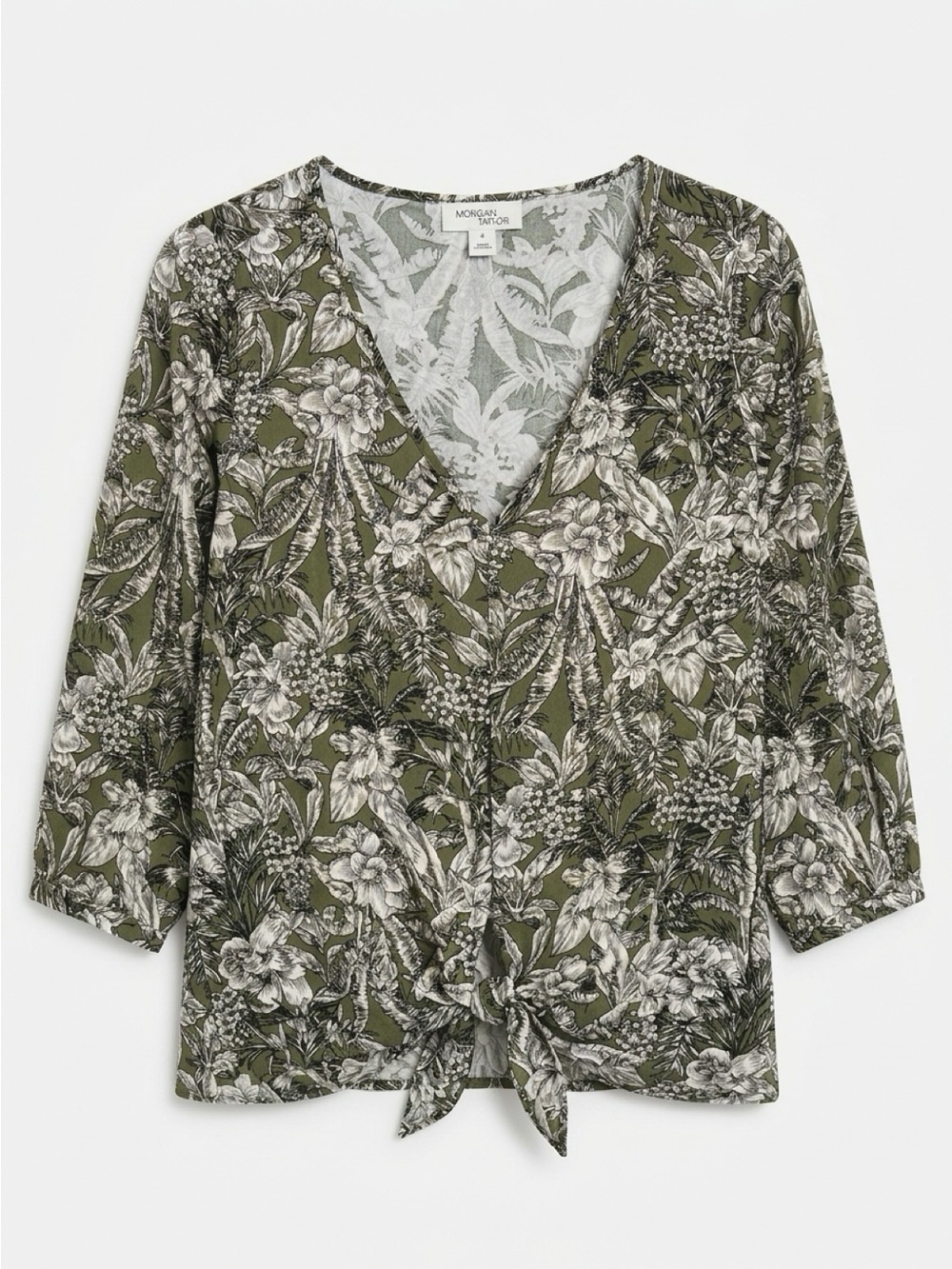 Morgan Taylor Olive Floral V-Neck Tie-Front Blouse